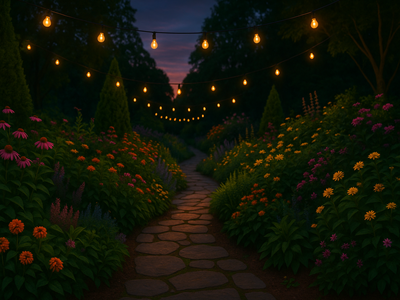 גינה מעוצבת עם תאורת אווירה